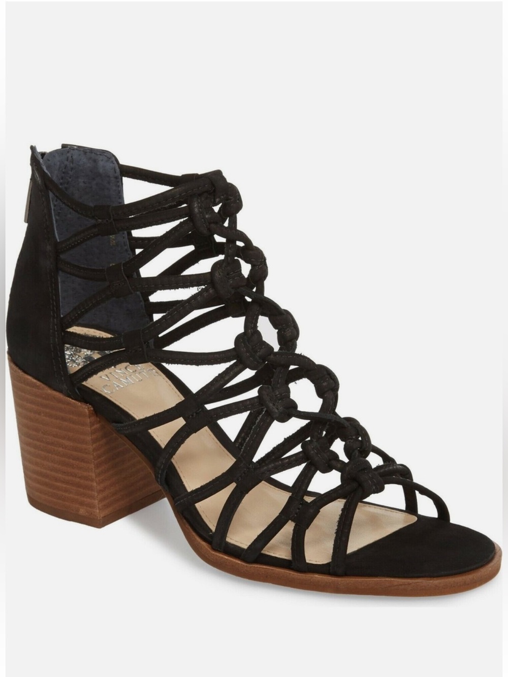 Vince Camuto Cage Sandals Karika High Heels Strappy Black/Na Suede 7.5